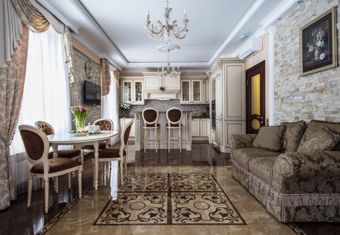 konyha-nappali belső tér klasszikus stílusban