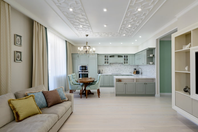 interior of the kitchen-living room in light colors
