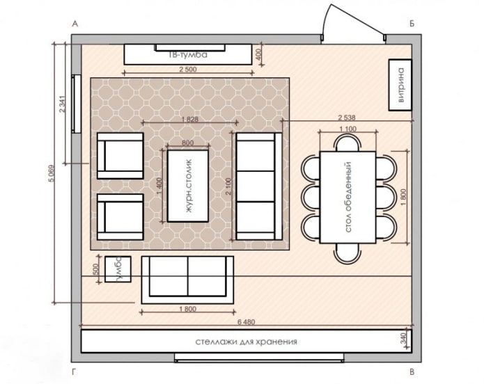 план кухиње-дневне собе квадратног облика
