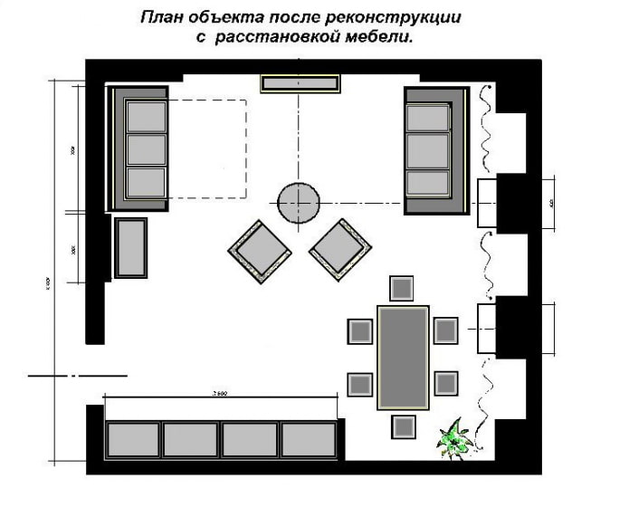 négyzet alakú konyha-nappali terv