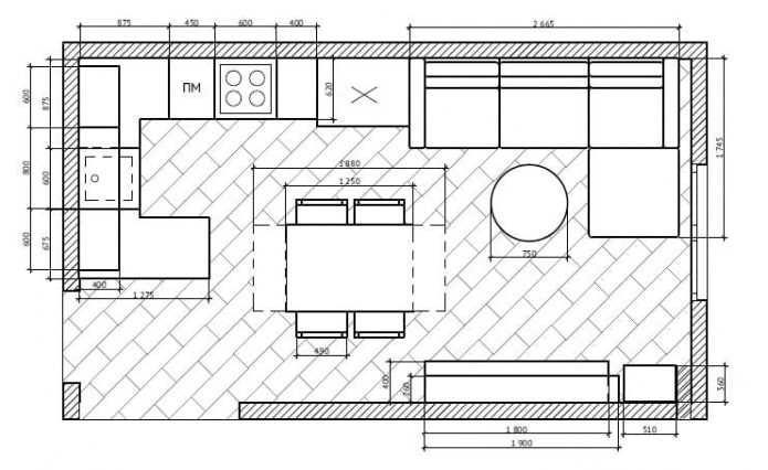 téglalap alakú konyha-nappali terv