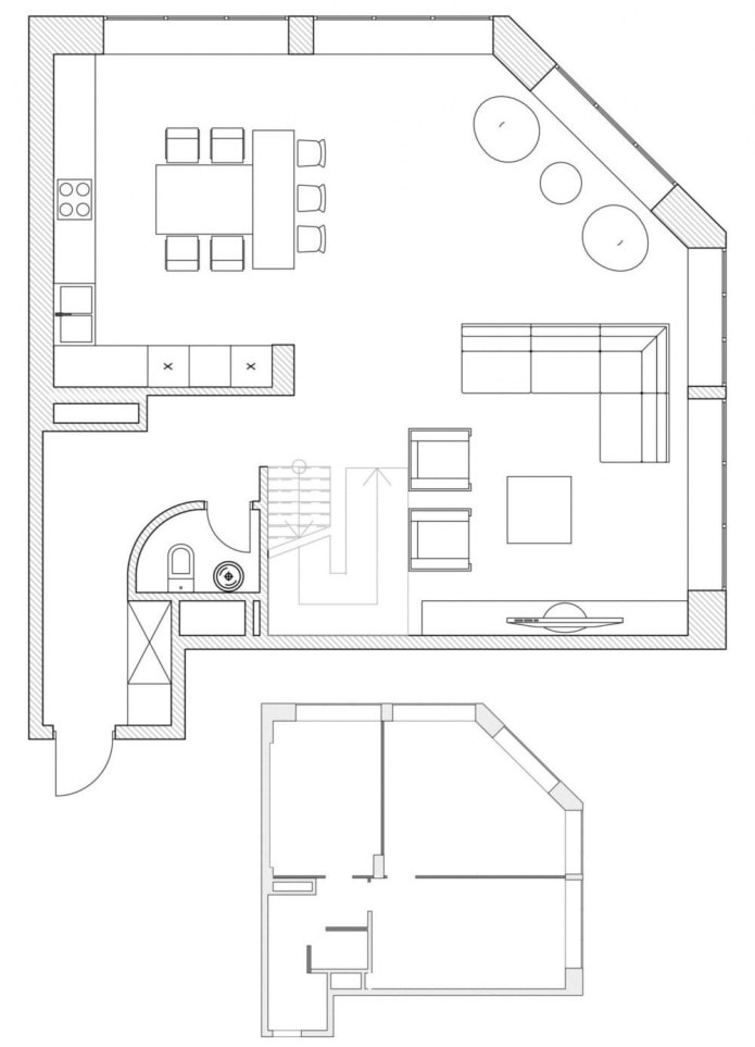 Küche-Wohnzimmer-Plan mit einem nicht standardmäßigen Grundriss