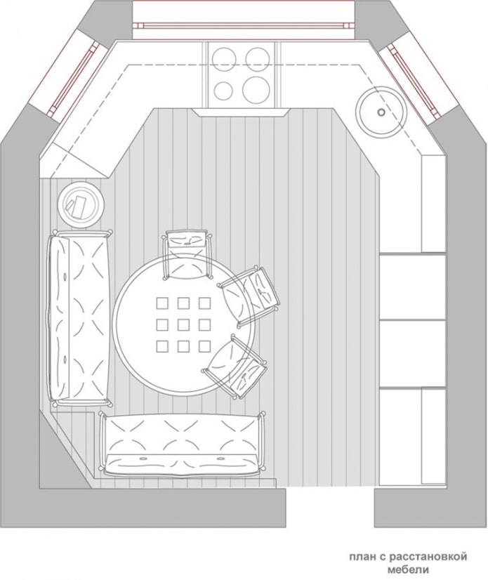 Küche-Wohnzimmer-Plan mit einem nicht standardmäßigen Grundriss
