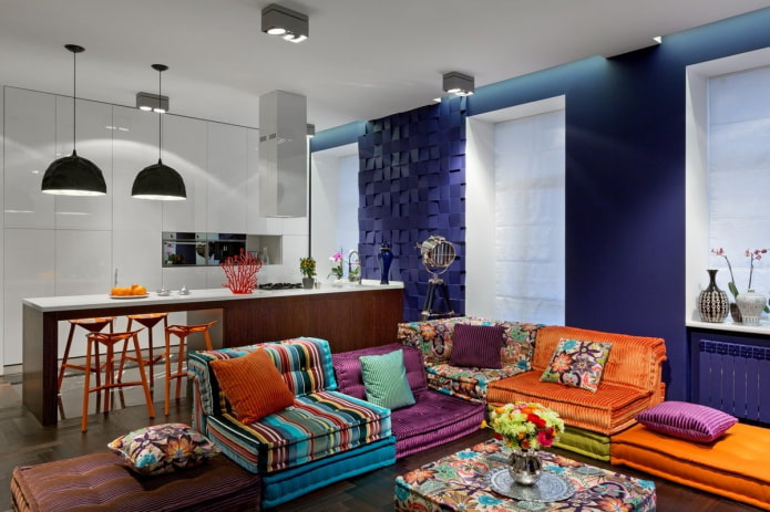 interior of the kitchen-living room in bright colors
