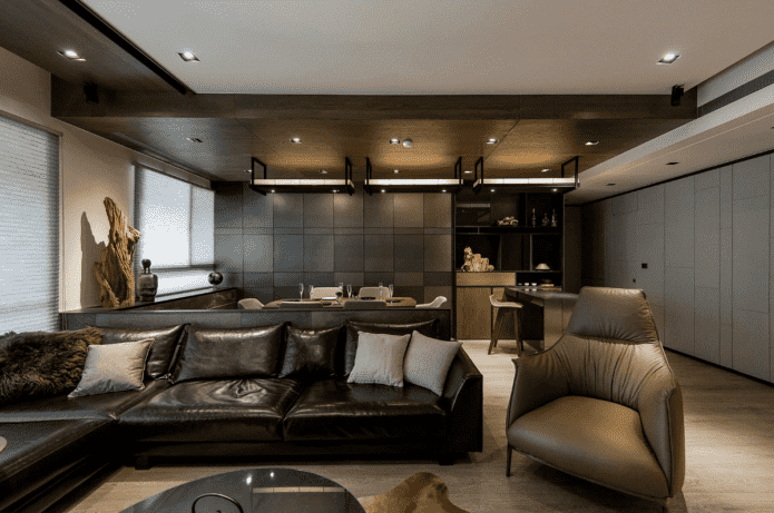 interior of the kitchen-living room in dark colors