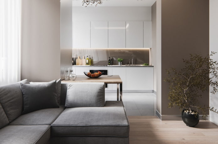a konyha-nappali belső tere a minimalizmus stílusában