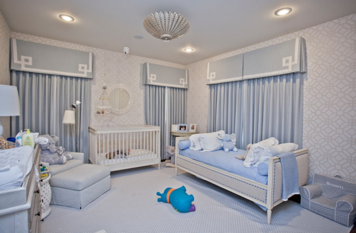 Interieur eines blaugrauen Kinderzimmers