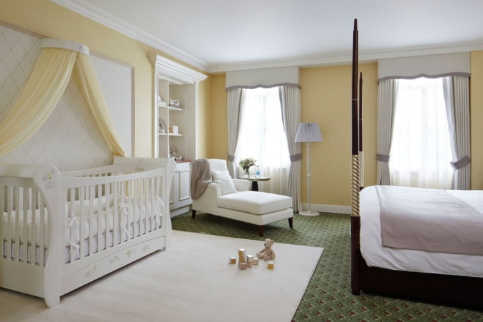 visual zoning of the combined bedroom and nursery