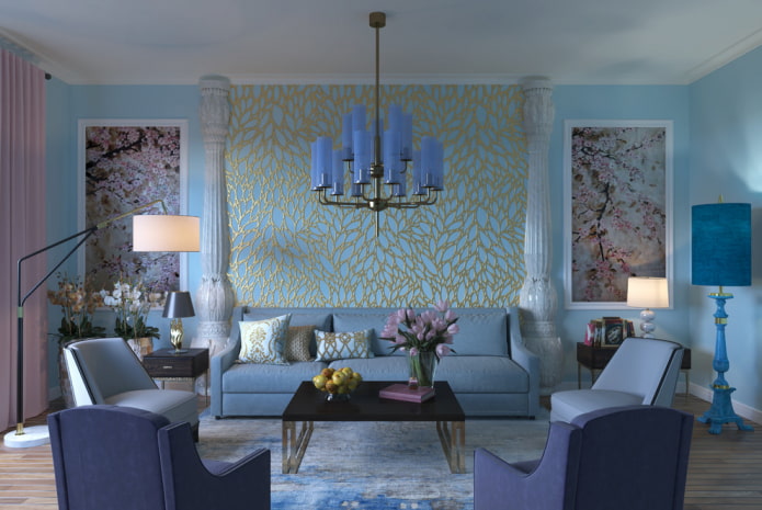 dekor és textilek a kék nappali belsejében