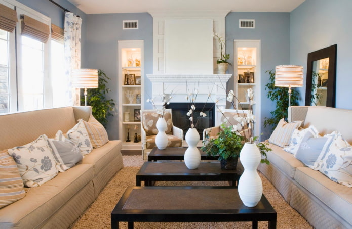 beige and blue living room interior