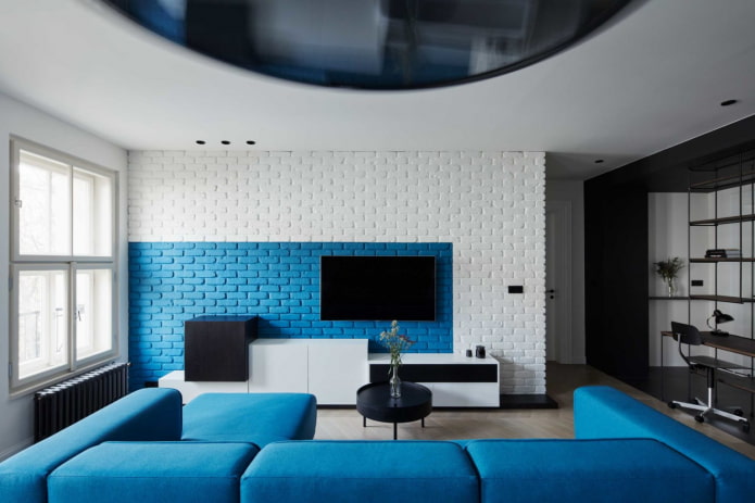 belső fehér és kék nappali
