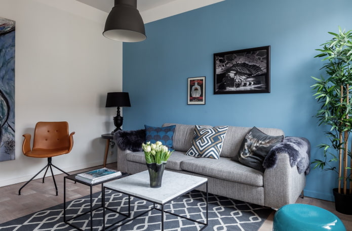 blue living room in scandinavian style