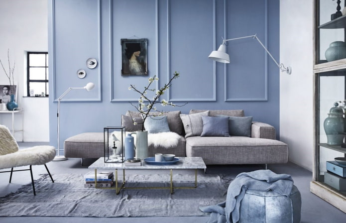 grau-blaue Wohnzimmereinrichtung