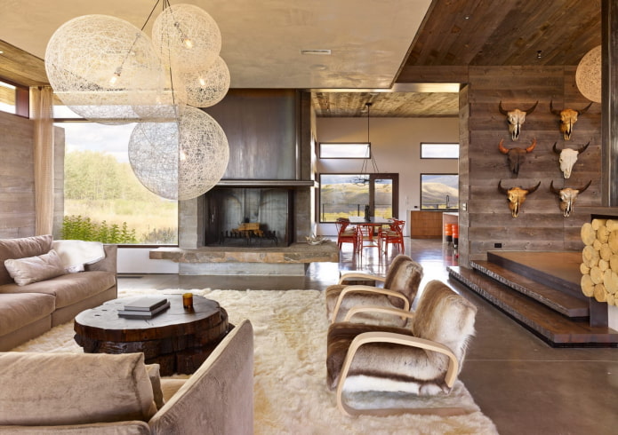 living room in rustic style in the interior of the house