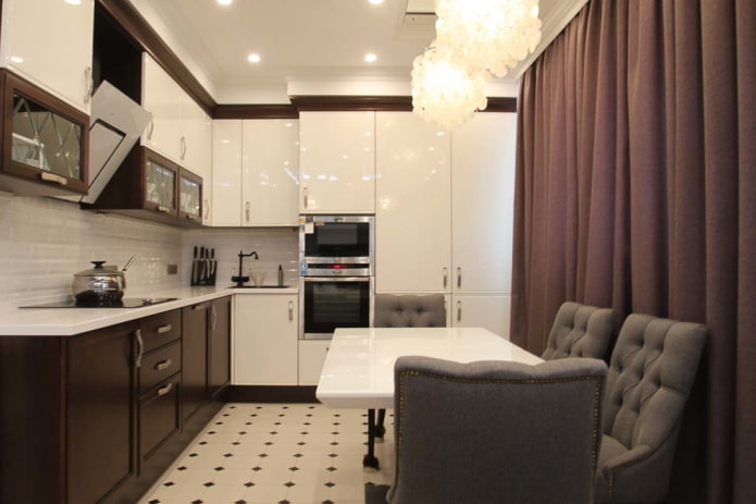 Corner kitchen in brown and beige tones
