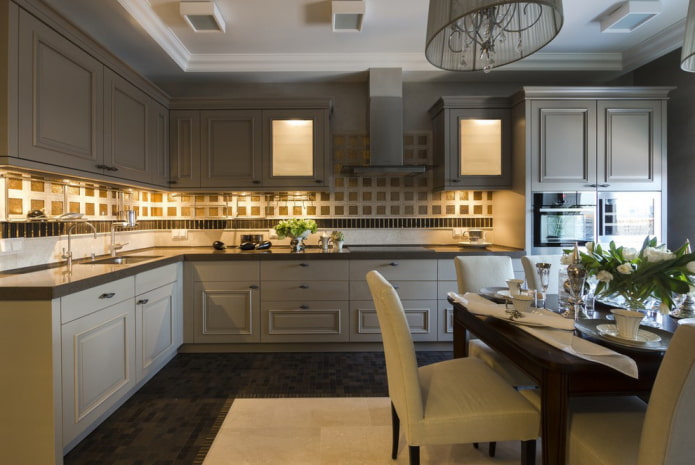 Gray kitchen with golden apron