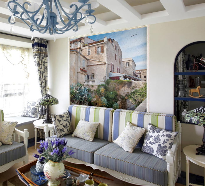 Photo wallpaper in the living room in the style of Provence