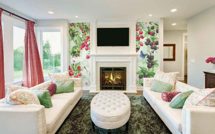 fireplace decorated with photomurals