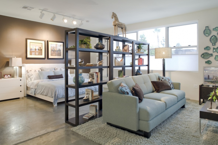 shelving in the interior of the bedroom-living room