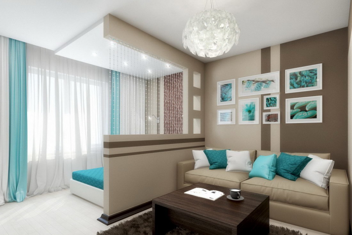 lighting zoning in the interior of the bedroom-living room