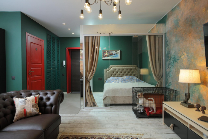 loft-style bedroom-living room interior