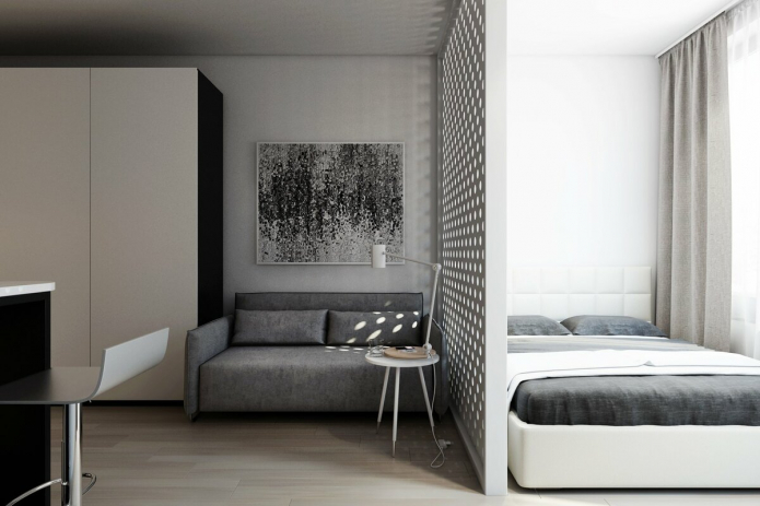 belső hálószoba-nappali a minimalizmus stílusában