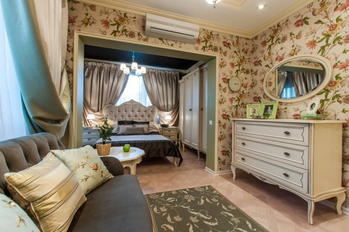 belső hálószoba-nappali Provence stílusában