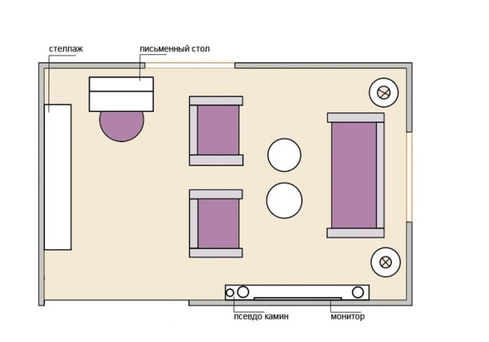 Layout of the living room 15 square meters with a workplace