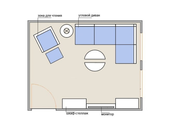 Diagram of a living room 15 sq. With a corner sofa