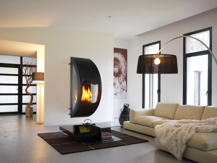 fireplace in the interior of the living room in high-tech style