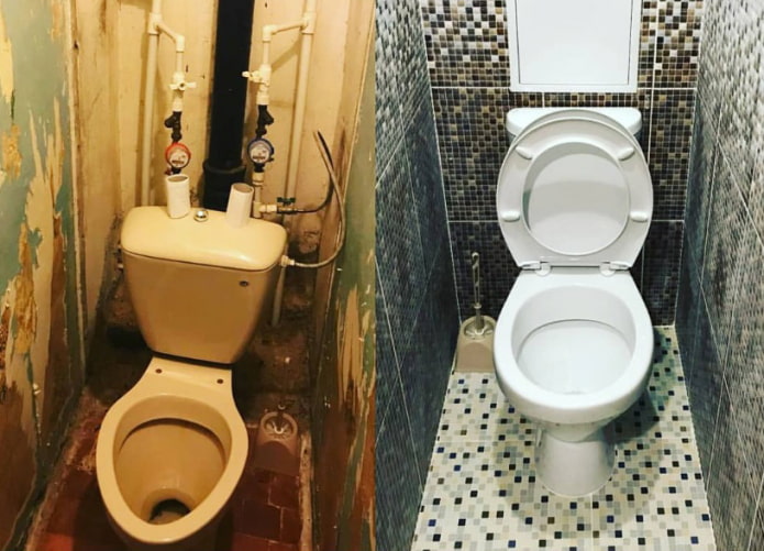 Photos before and after the repair of the toilet