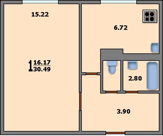 layout of 1-room Khrushchev, K-7 series