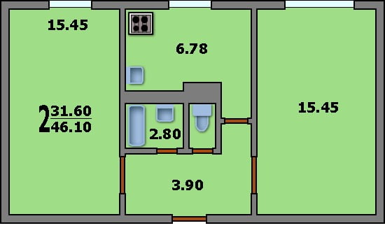 layout of a 2-room Khrushchev, K-7 series