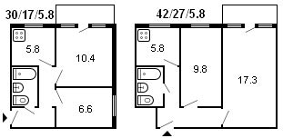 Grundriss eines 2-Zimmer-Chruschtschow-Gebäudes, Serie 464