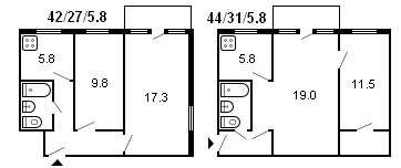 Grundriss eines 2-Zimmer-Chruschtschow-Gebäudes, Serie 464
