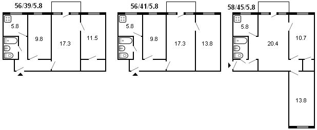layout of a 3-room Khrushchev building, 464 series
