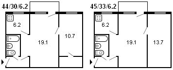 Grundriss eines 2-Zimmer Chruschtschows, Serie 1-335
