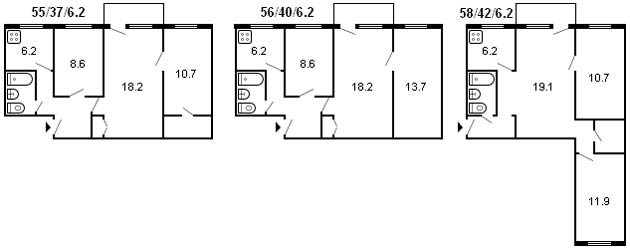 layout of a 3-room Khrushchev, series 1-335