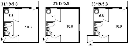 layout of 1-room Khrushchev, series 434, 1958