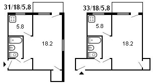 layout of 1-room Khrushchev, series 434, 1959