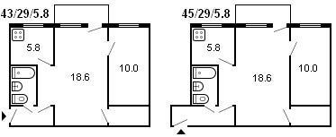 layout of a 2-room Khrushchev, series 434, 1958