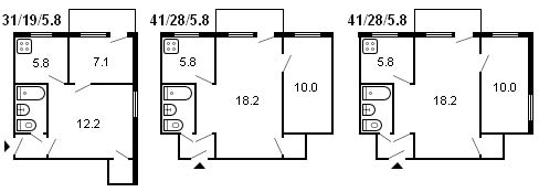 Grundriss eines 2-Zimmer-Chruschtschow-Gebäudes, Serie 434, 1959