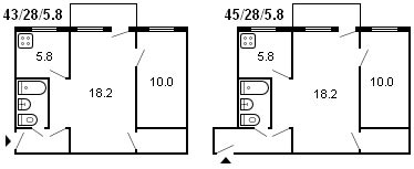 layout of a 2-room Khrushchev building, series 434, 1959