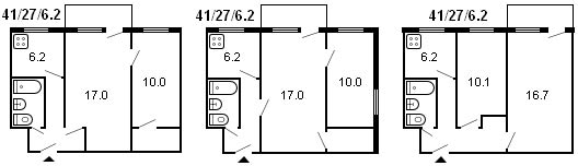 layout of a 2-room Khrushchev, series 434, 1960