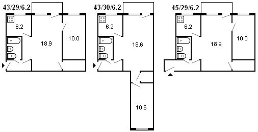 Grundriss eines 2-Zimmer-Chruschtschow-Gebäudes, Serie 434, 1960