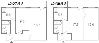 layout of a 2-room Khrushchev, series 434, 1964