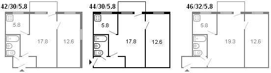 layout of a 2-room Khrushchev, series 434, 1964