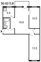 Grundriss eines 3-Zimmer-Chruschtschow-Gebäudes, Serie 434, 1958