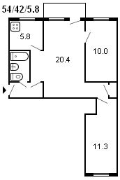 layout of a 3-room Khrushchev, series 434, 1959