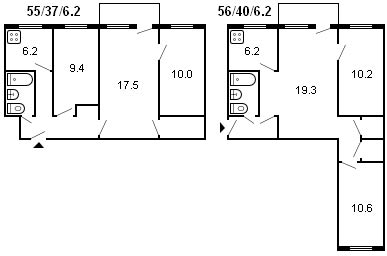 layout of a 3-room Khrushchev building, series 434, 1960
